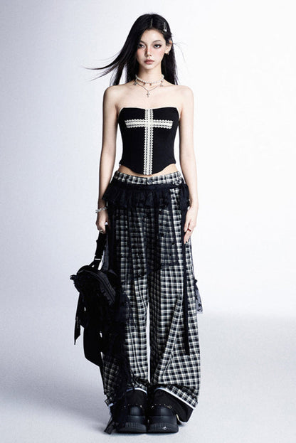 レッグチェックとブラックパンツ ホワイトワイド