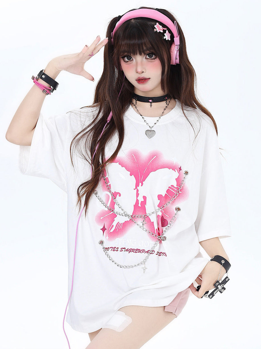 チェーンバタフライパンクロックアメリカンTシャツメタルプリント