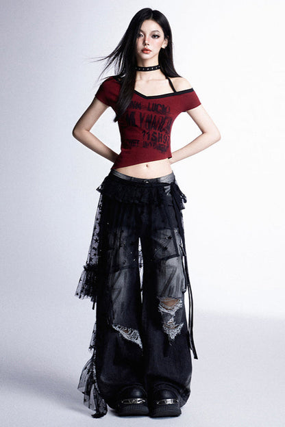 ブラック シアー レース レイヤード スカート