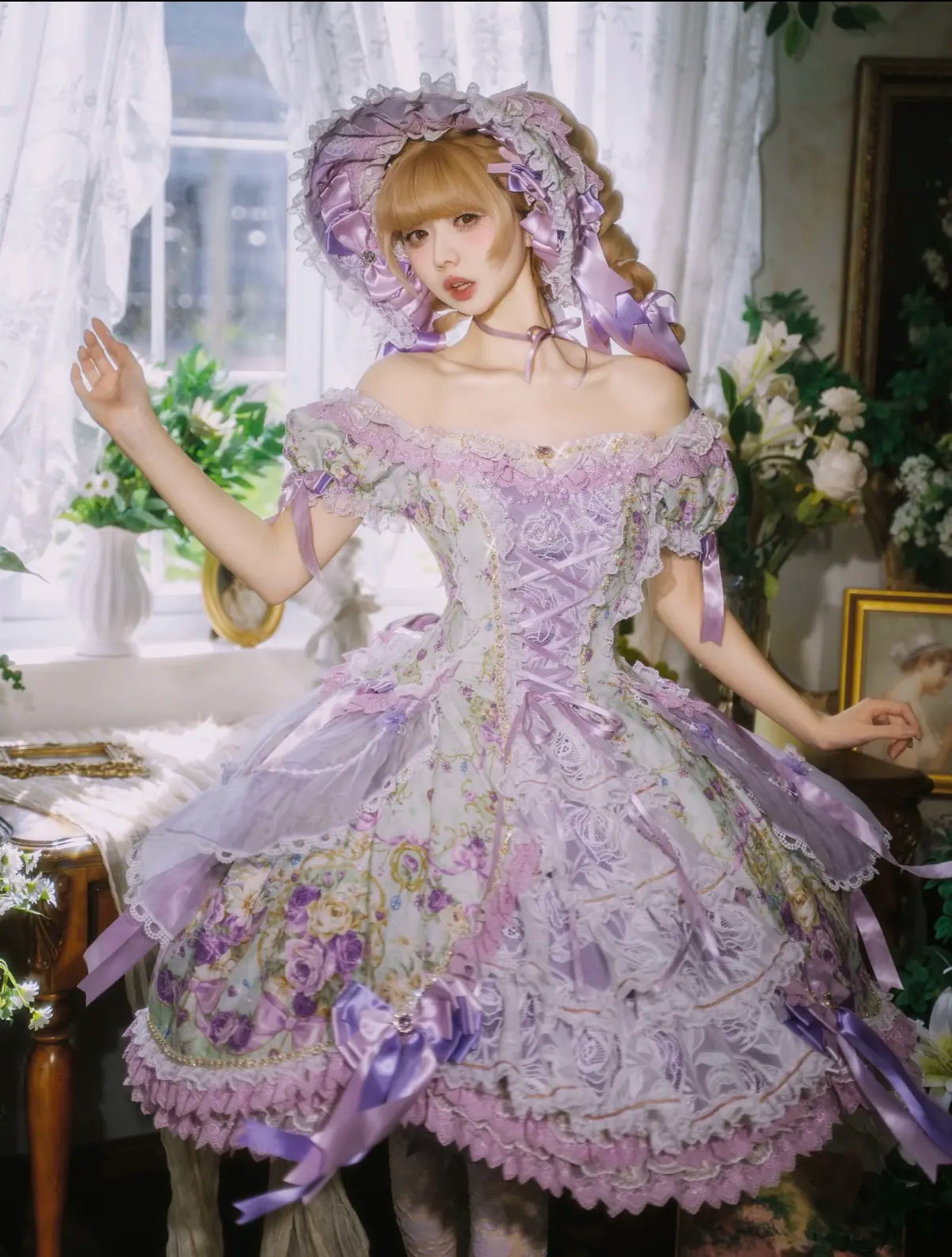 Lily Rose OP dress in green and purple with lace and ribbon bows by Classical Puppets