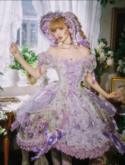 Lily Rose OP dress in green and purple with lace and ribbon bows by Classical Puppets