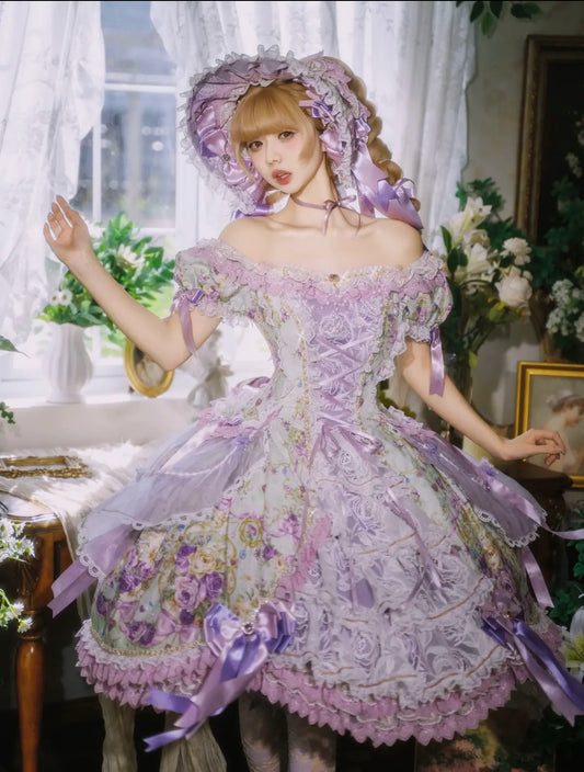 Lily Rose OP dress in green and purple with lace and ribbon bows by Classical Puppets