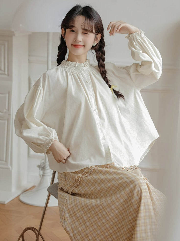 シャツネックハイリネンランタンスリーブ