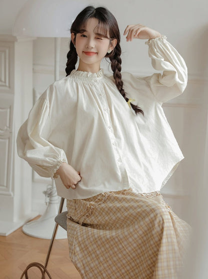 シャツネックハイリネンランタンスリーブ