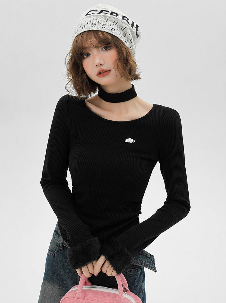 Slim Neck Fur T Collar Mode Long Sleeve