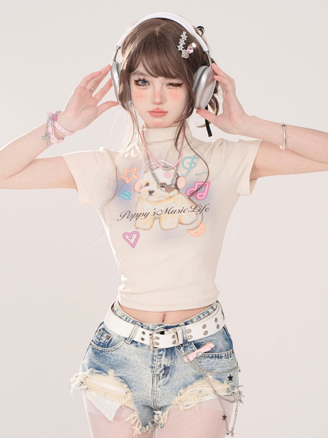 American Short T-Shirt Print Neck High Dog Little Cutie