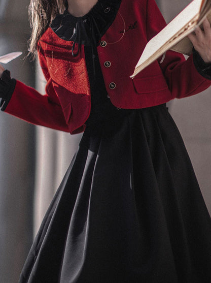 Jacket Red Black Tie Short Suit Elegant Dress Lantern Ruffle Retro + Sleeve Ribbon