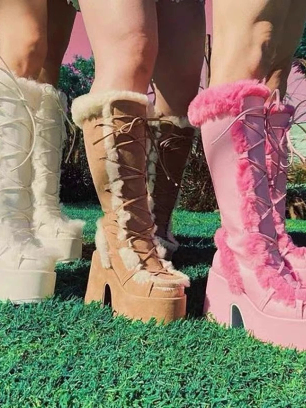 34-46 Y2K Snow Pu Fur Lace-up Thick Heel High Goth Platform Boots