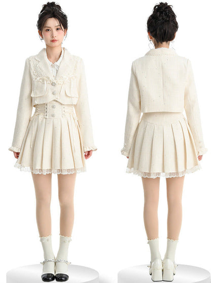 Set-up + Short Frilled Skirt Tweed Lace-up Jacket Pleated