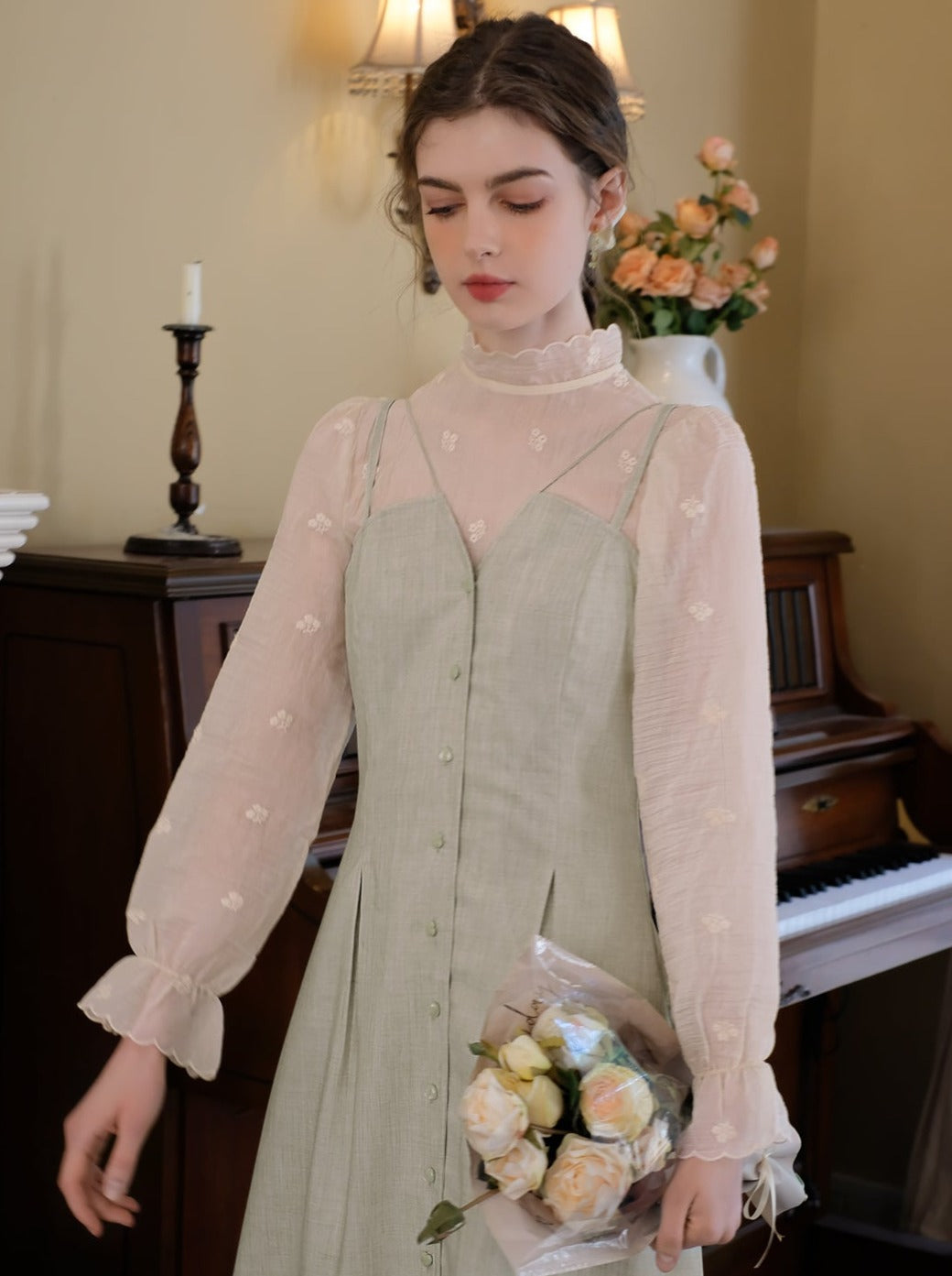 スカートフラワーレトロブラウス+キャミソールシアー