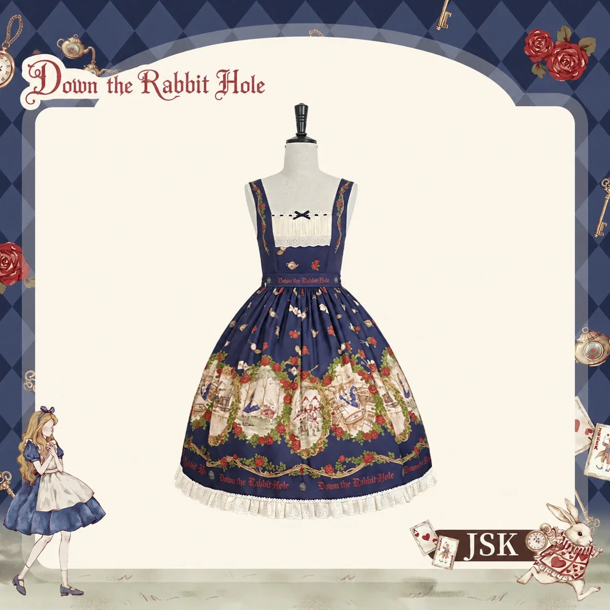 Down the Rabbit Hole navy JSK dress on a mannequin