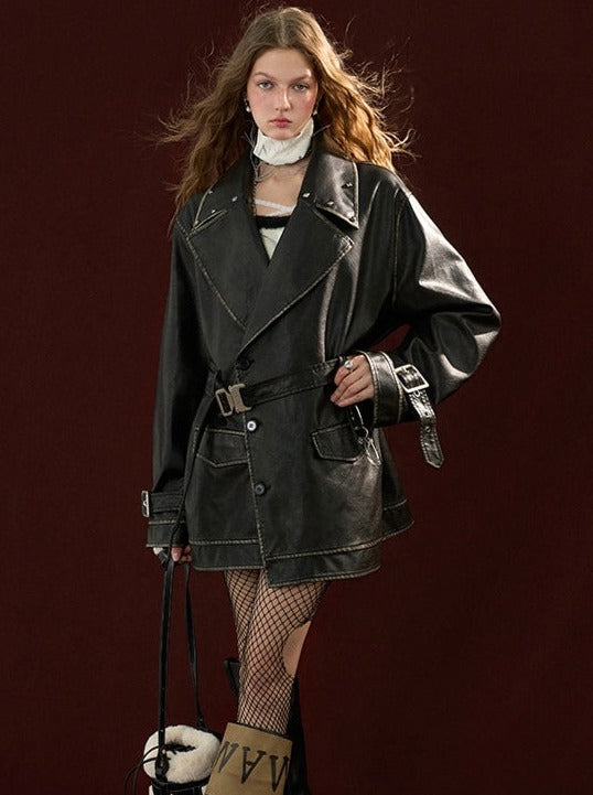 レザージャケット ストラップウエスト ポリッシュ ウィンドブレーカー