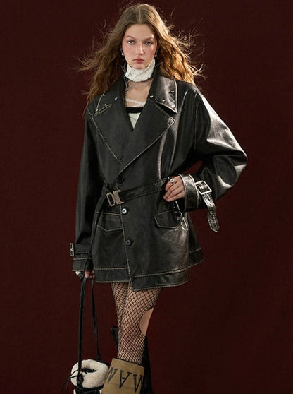 レザージャケット ストラップウエスト ポリッシュ ウィンドブレーカー