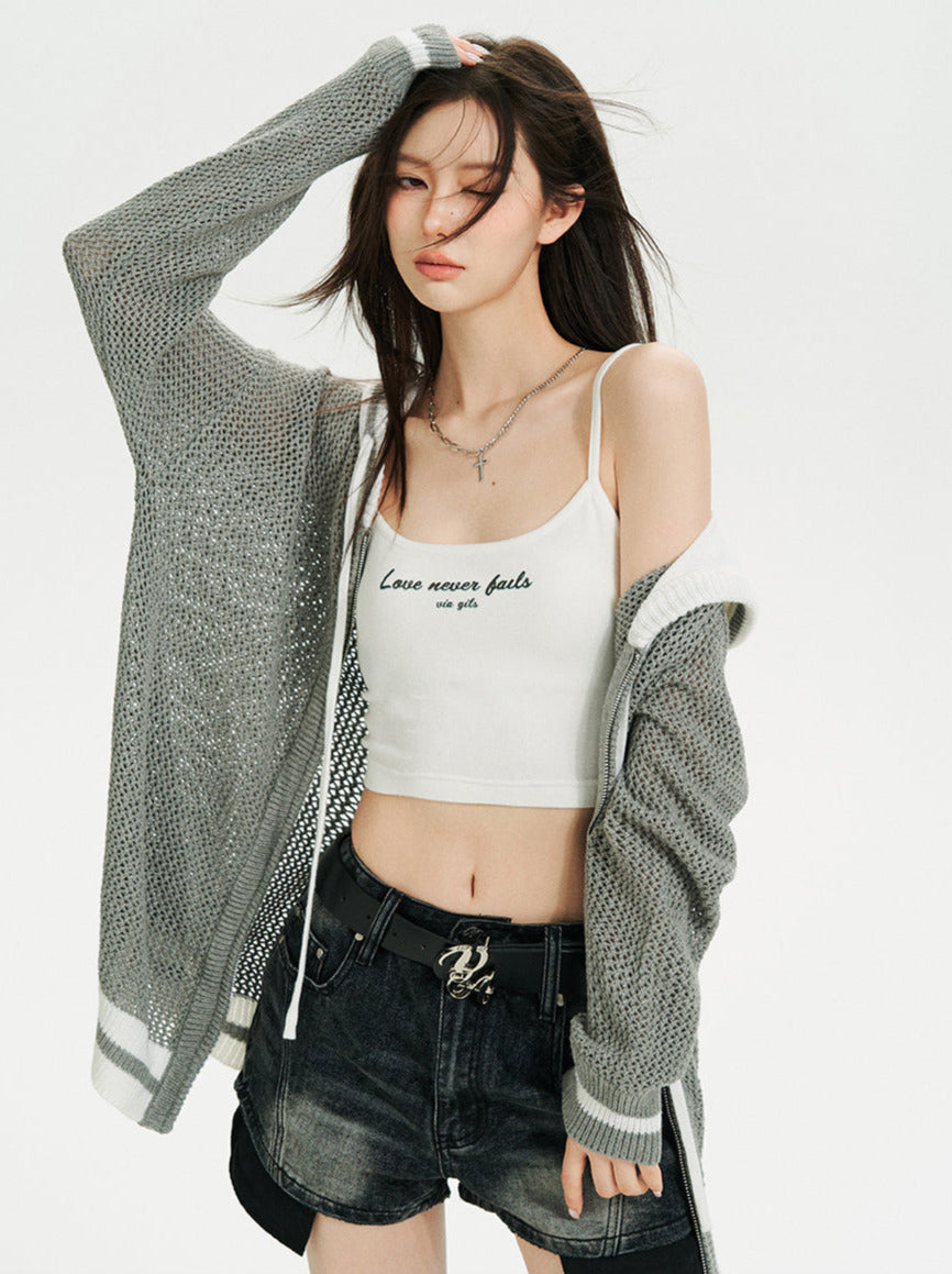 Kurzer/langer Hoodie aus transparentem Netzstrick mit Reißverschluss