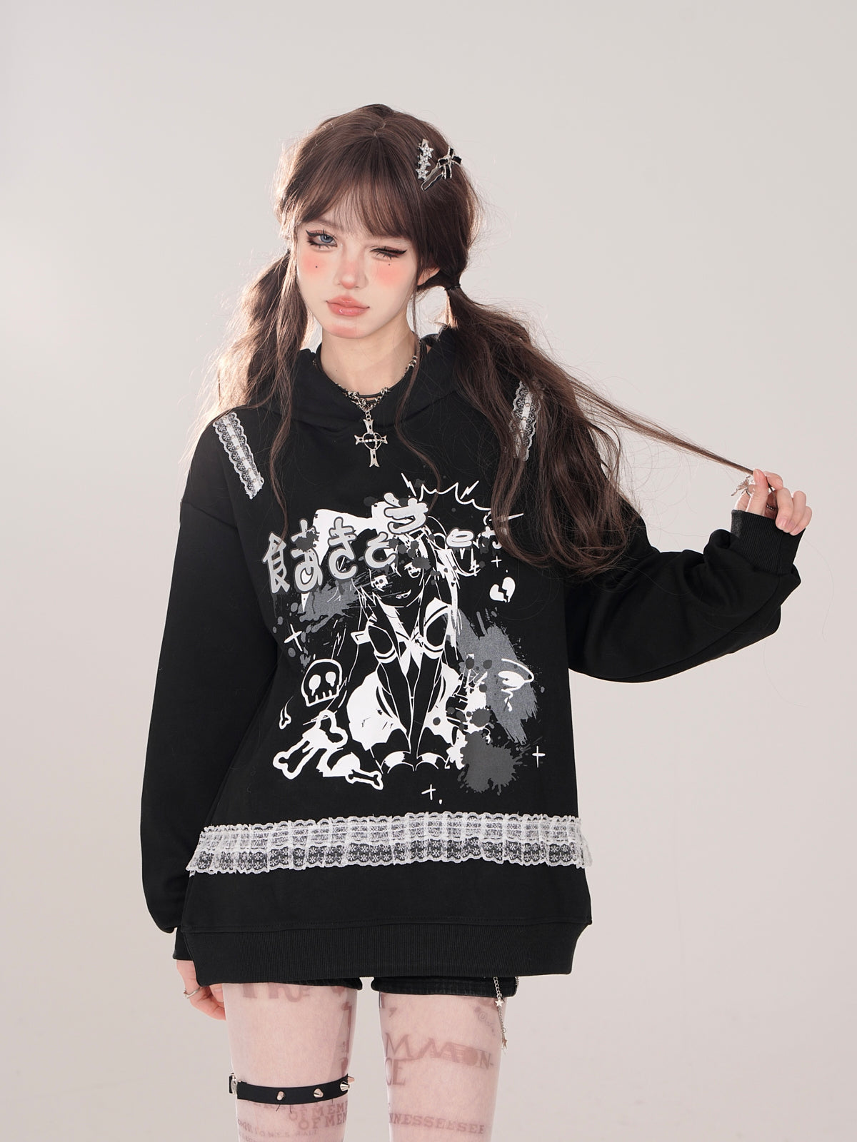 Hoodie Lace Print Design Comic Sweatshirt