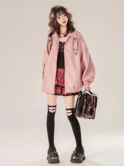 Jacket Retro Pink Design Leather Buckle Zip