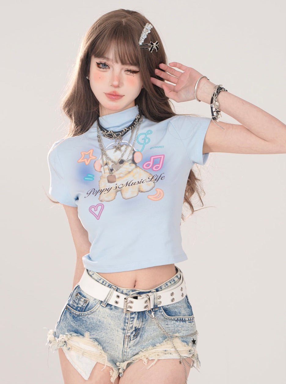 American Short T-Shirt Print Neck High Dog Little Cutie