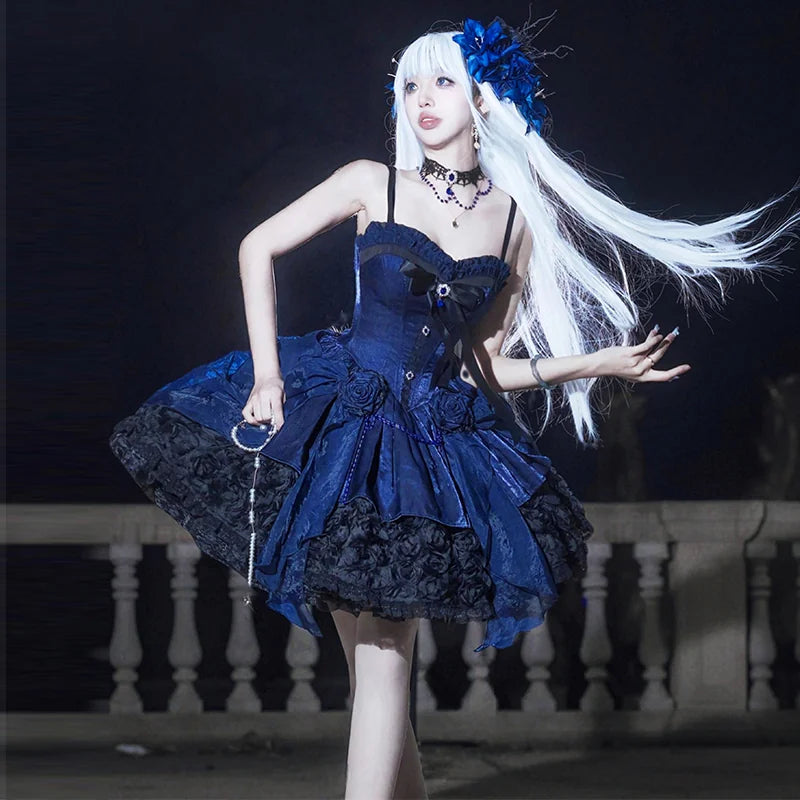Deep blue princess dress with black lace hem and ribbon details, front view