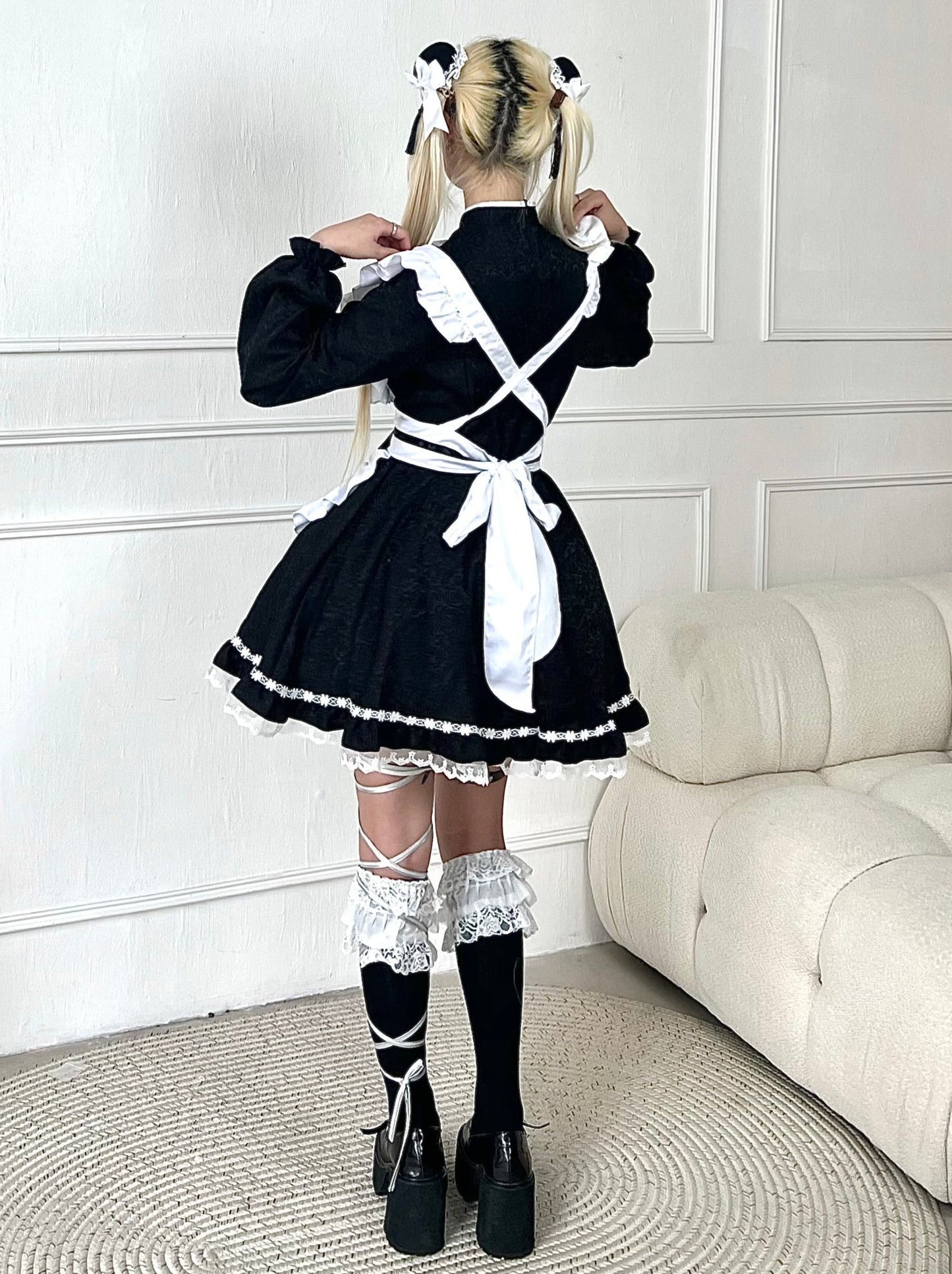 Maid China Black Ribbon Sleeve. Apron and Sleeve and Dress Long Short Set White