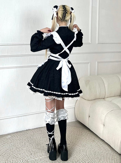 Maid China Black Ribbon Sleeve. Apron and Sleeve and Dress Long Short Set White