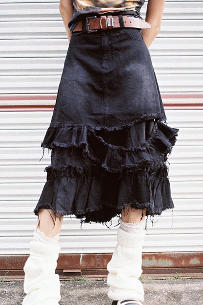 切りっぱなしミディデニムスカート