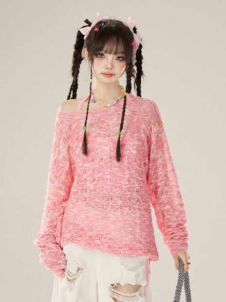 襟付きプルオーバーニット日焼け止めシースルーソールルーズ