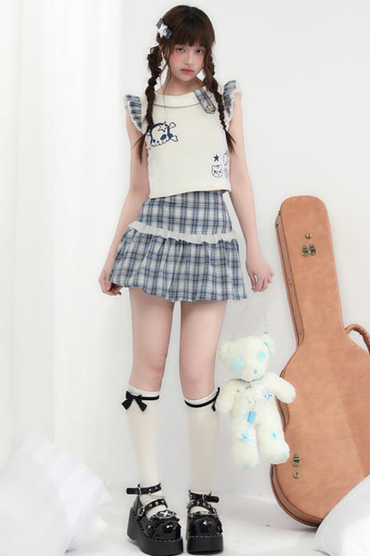 Karierter + ärmelloser Minirock Cat Top Skull