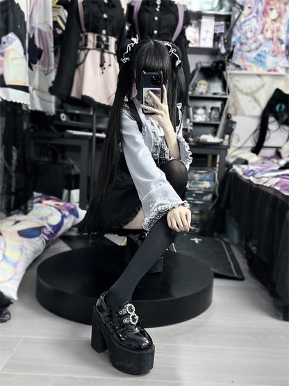 レースバックルフリルシャツ チャイナスリーブベル