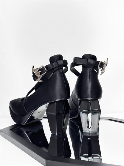 つま先ストラップゴスハイエレガントスクエアテレサシルク祈祷ヒール