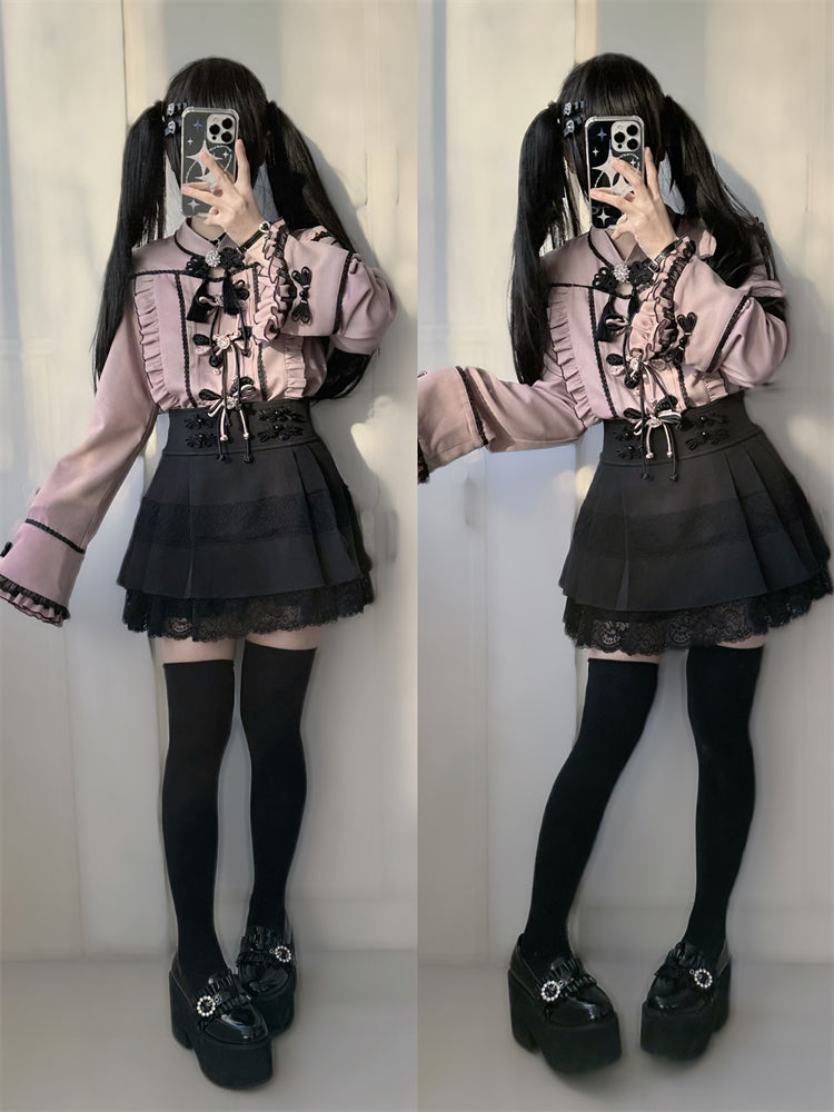 レースバックルフリルシャツ チャイナスリーブベル