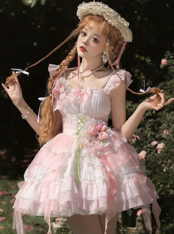 Shoulder Thring Lolita Flower Frill Dress Princess