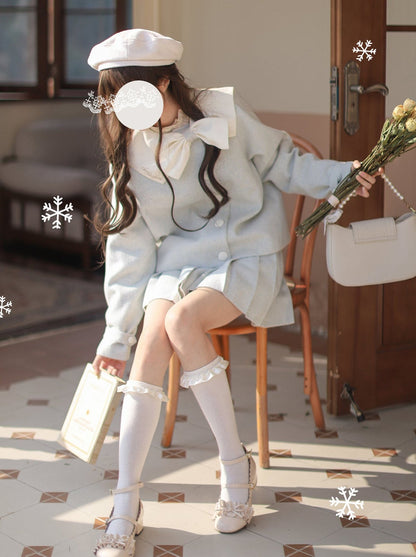 Retro Ribbon Jacket Mint Green Lolita Collar Skirt Pleated