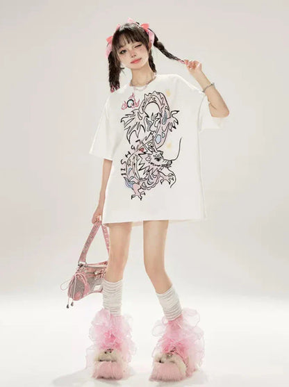 Original Loose T-Shirt Dragon White Print