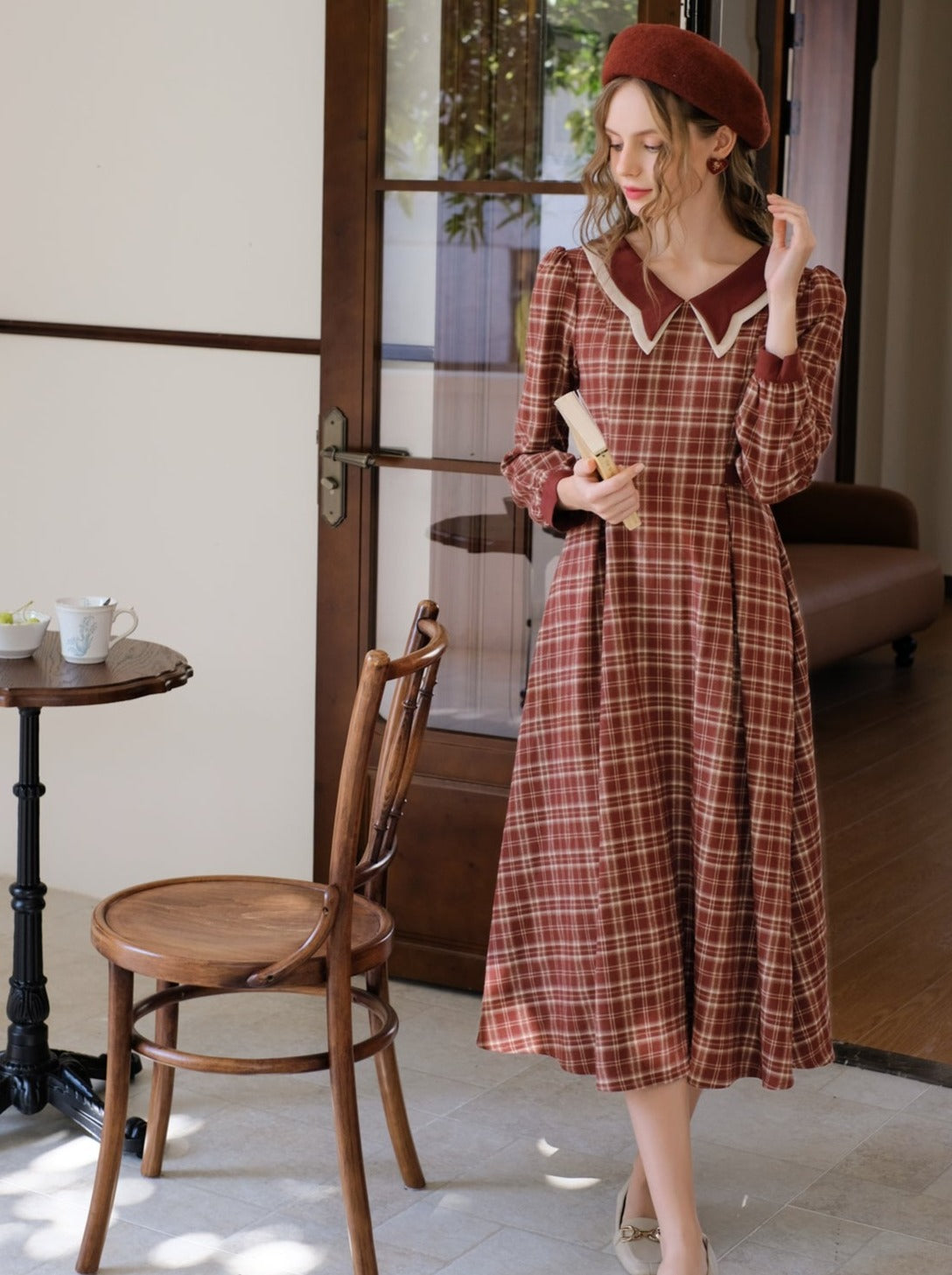 チェックドレス ラテ バタフライ レトロ ブラック ティーカラー フレンチ