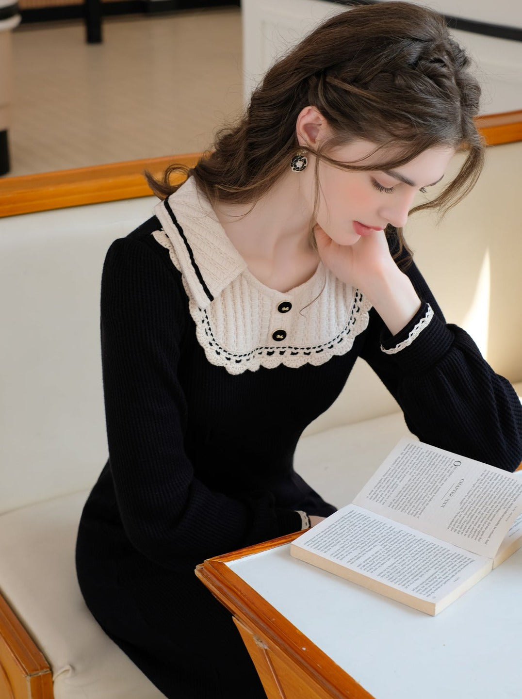 スプライシングブラックフレンチロングドレスラペルクイーンセレナーデニットクラシック