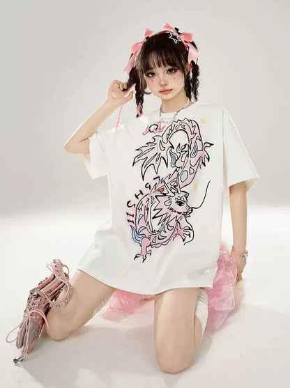 Original Loose T-Shirt Dragon White Print