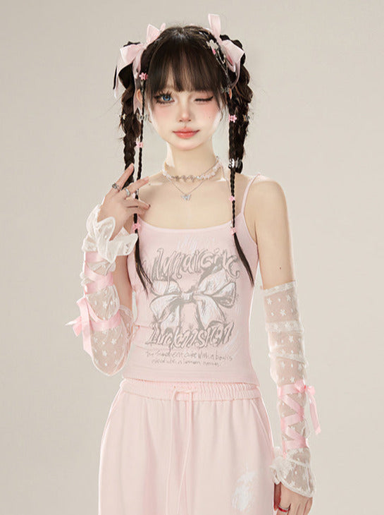 ジップガーリー+ルーズバタフライキャミソールパンツジャケットリボンスウェットシャツフード付きピンク