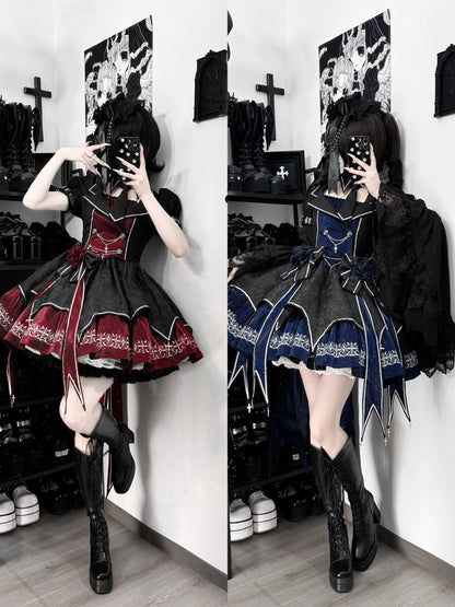 Black and red and black and blue color comparison for Gothic Lolita dress set