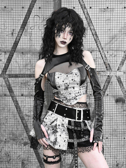 Two Top Mesh Piece Punk PU Liquid Suit Dark Slim