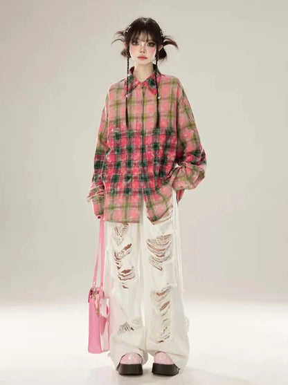 ローズレッドチェックグラデーションシャツ