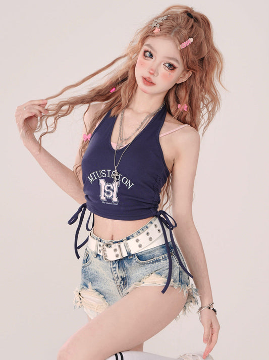 Neck Piece Clear Halter Suspender Two Top Blue