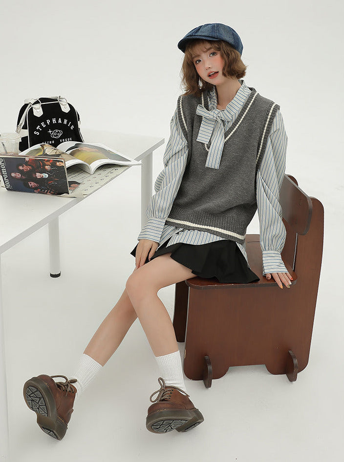 Style Korean Vest + Striped V-neck Shirt