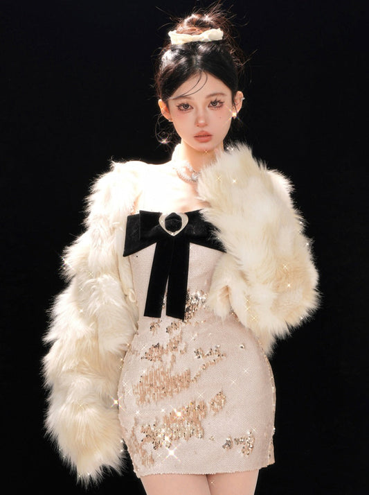 Sequined Dress Bow + Fur Coat Elegant Tight Big Short