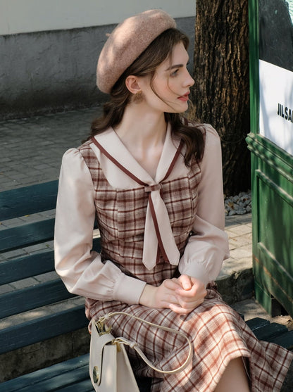 フレンチレトロピースクイーンドレスウールレトロツーフェイクマイラードフェイクチェック