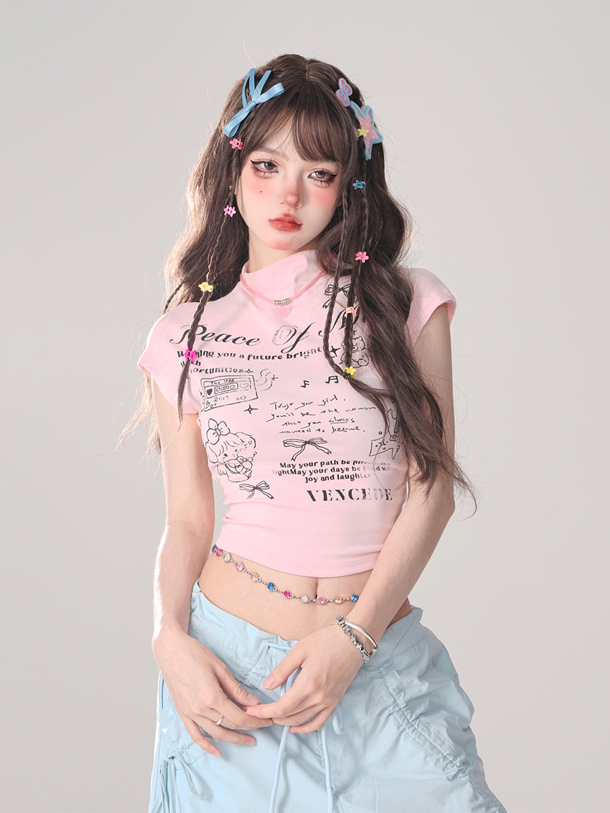White Cropped Ribbon T-Shirt Backdropped Pink Pure