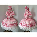 Heart Gift Box pink sweet Lolita OP dress by Dessert, front and angled mannequin views with heart motifs, ribbon bows and lace
