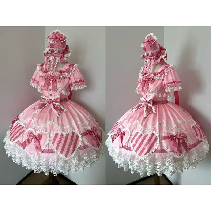 Heart Gift Box pink sweet Lolita OP dress by Dessert, front and angled mannequin views with heart motifs, ribbon bows and lace