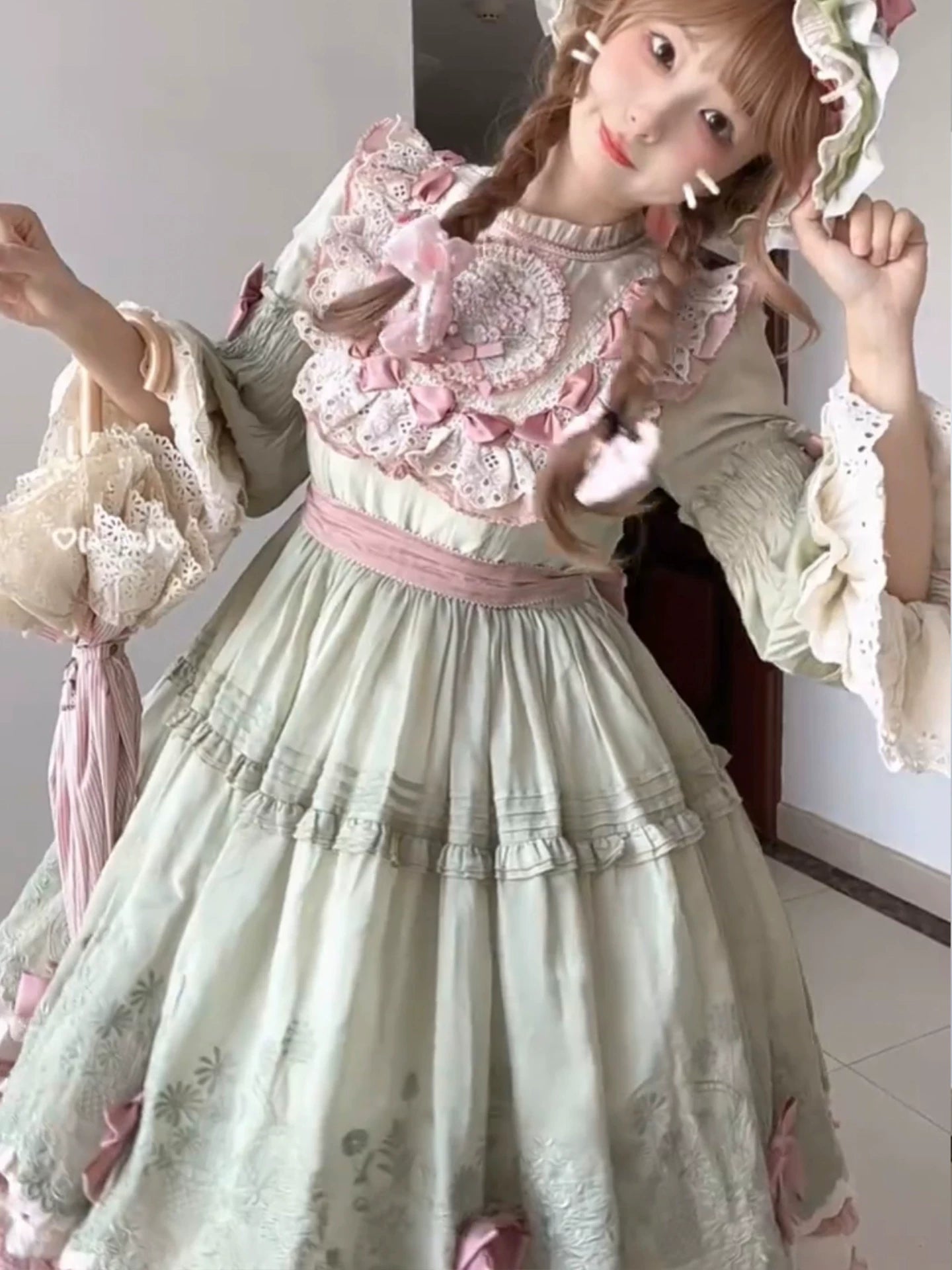 Four Seasons Floral Green Lolita Long Sleeve OP Dress