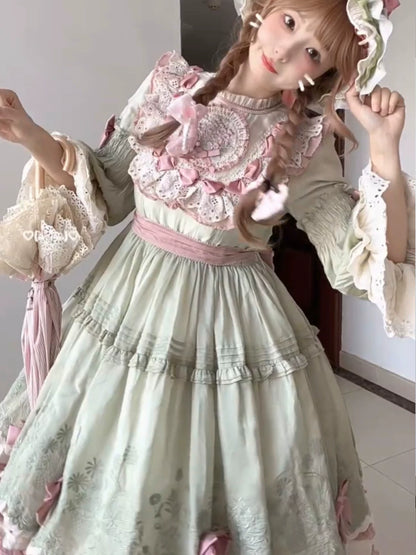 Four Seasons Floral Green Lolita Long Sleeve OP Dress