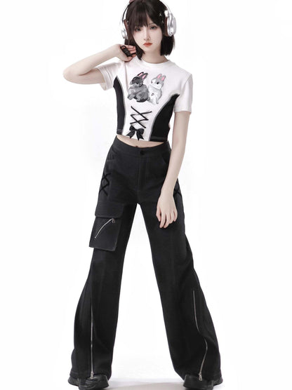 Summer Design Straps Pants Rabbit Off-Shoulder Black White Hoodie Tops Suit